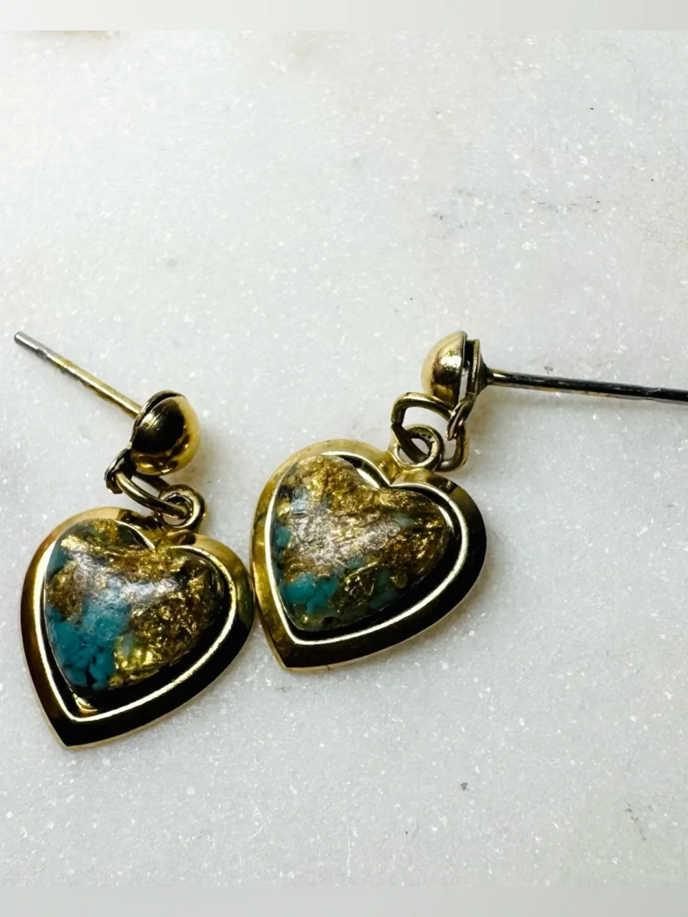 Gold Heart Drop Earrings with Turquoise Inlay